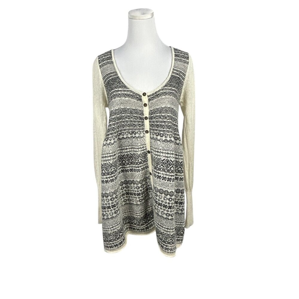 Free People Cardigan Womens M Babydoll Boho Angora Blend Grey Cream Fair Isle